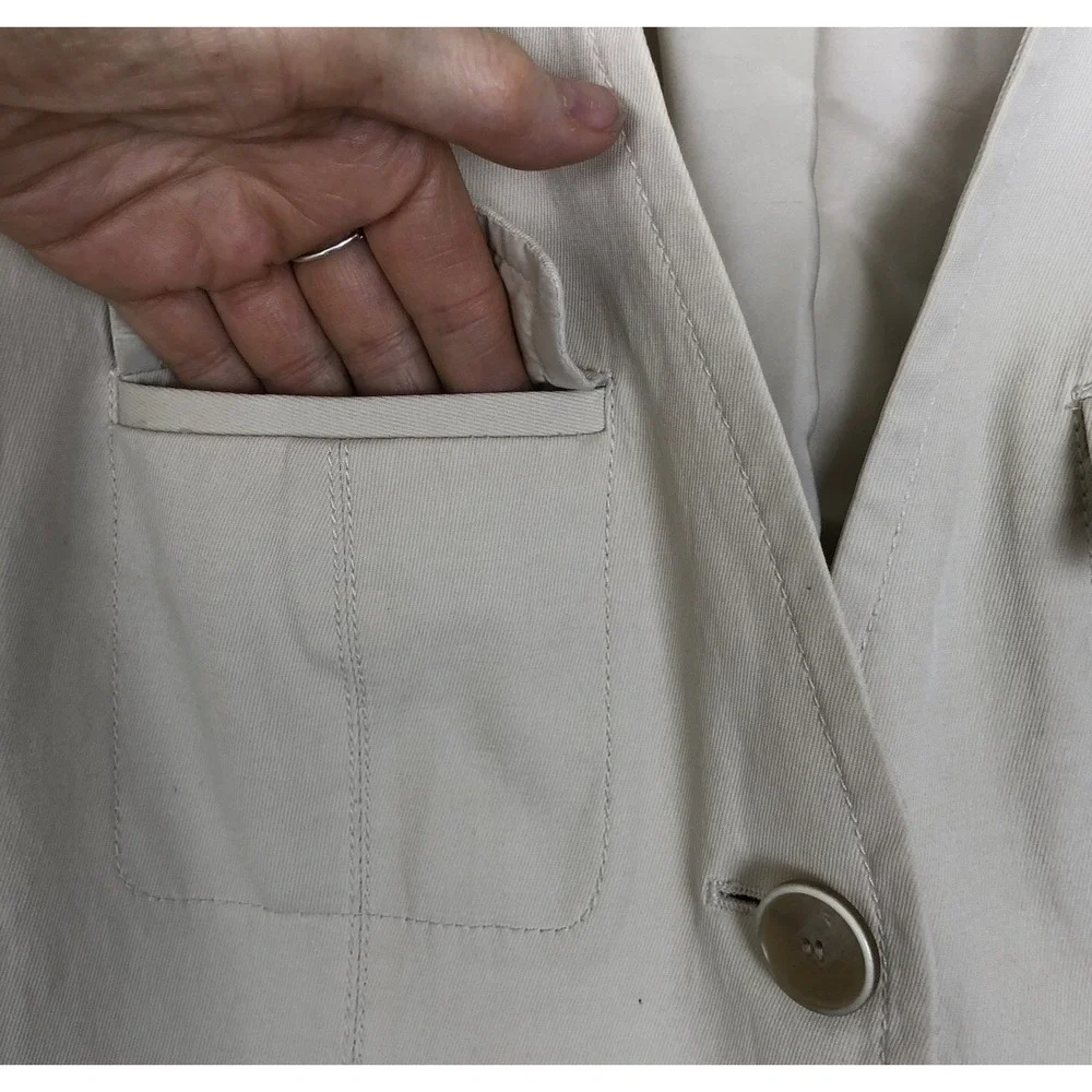TALBOTS Twill Jacket Women's 10 Khaki 3/4 Sleeve Pockets‎ Two Button Minimalist